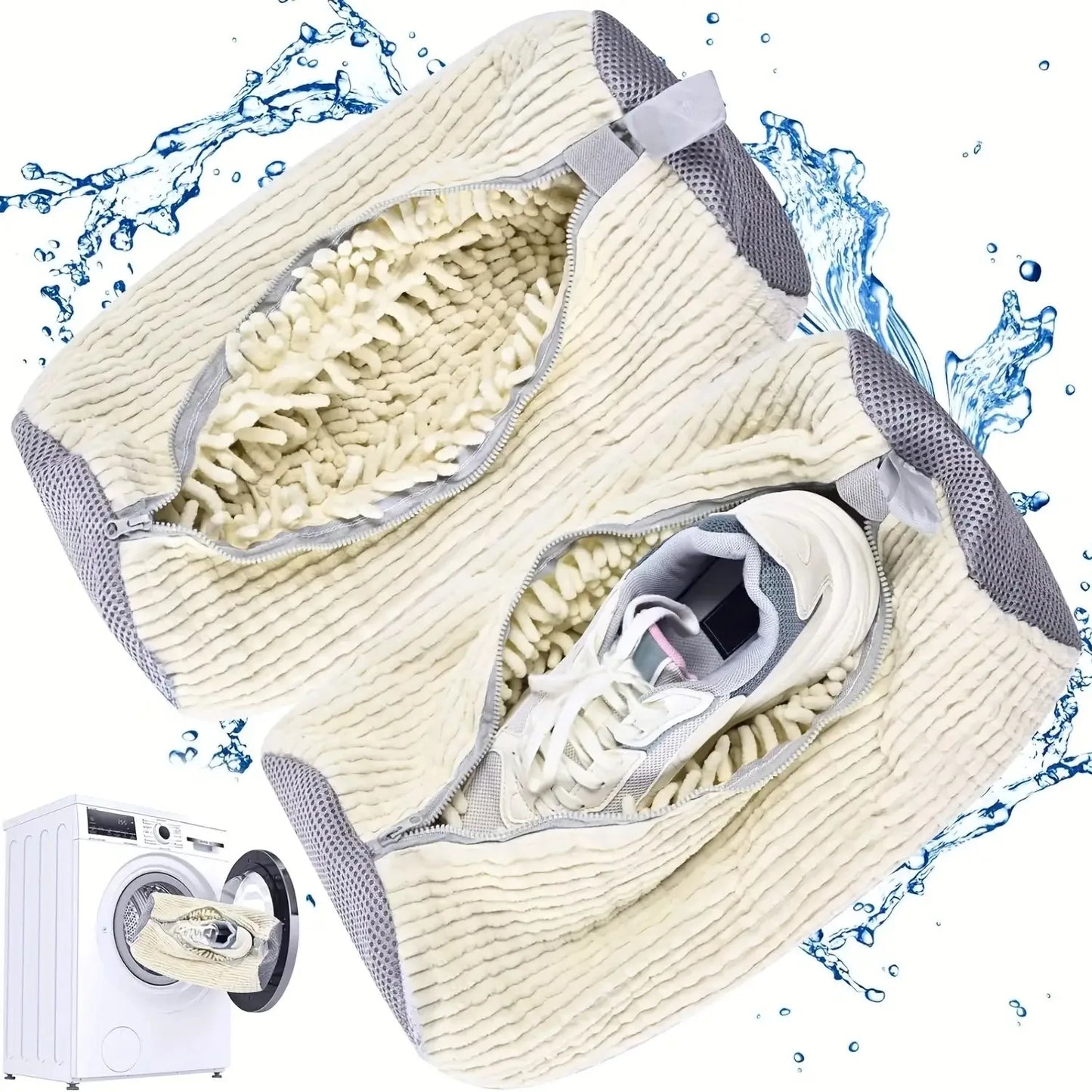 Machine washable shoe washing and drying bag, soft fiber—durable polyester shoe cover, adjustable shoelaces, durable shoe washin