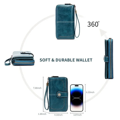 Unisex RFID Blocking Vintage Waxed Leather Long Wallet Large Capacity Zipper Clutch Multi Slots Card Coin Hand Purse