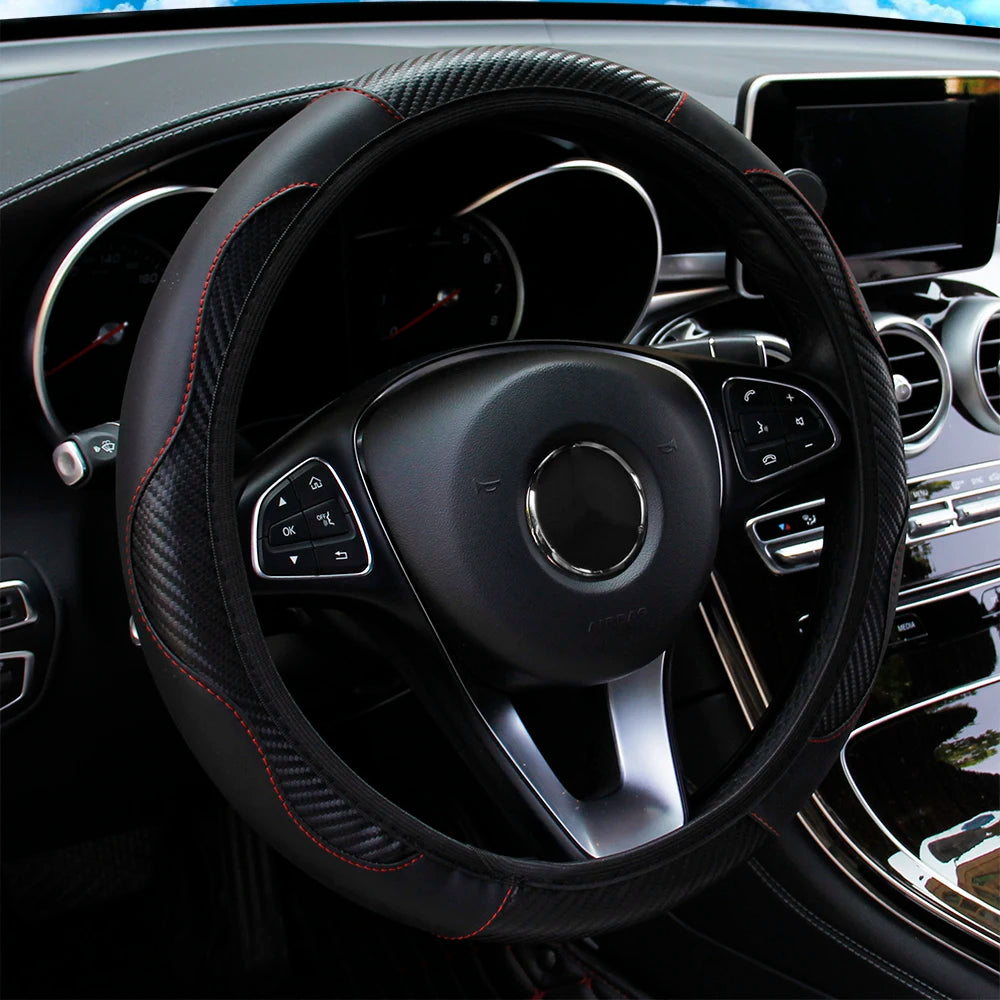 PU Carbon Fiber Leather Car Steering Wheel Cover – 14.5 to 15 Inch