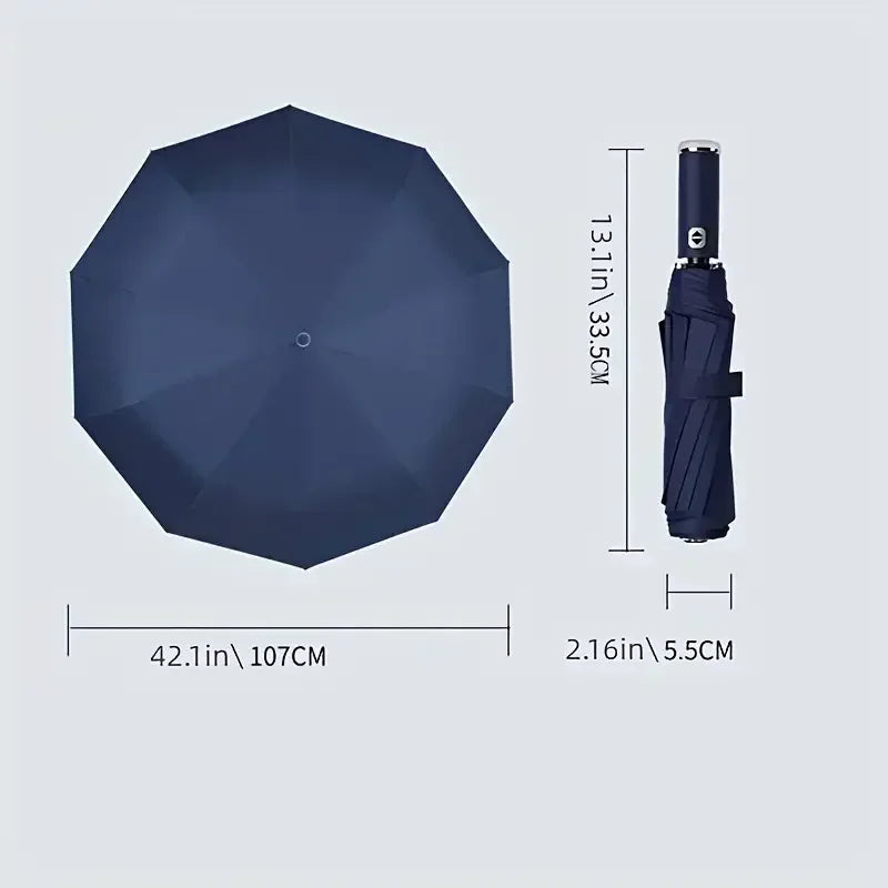 10 bone fully automatic three fold umbrella, rotatable LED flashlight, business wind resistant folding umbrella, sunny umbrella