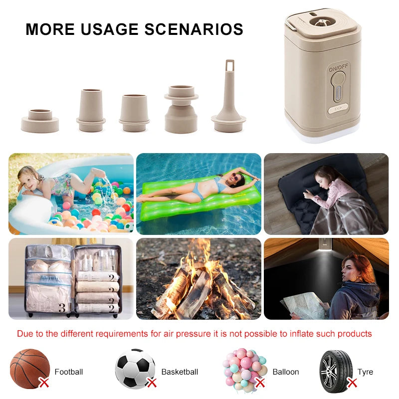 3 in 1 Mini Electric Inflatable Pump with Lights Wireless Air Compressor Inflate Deflate Air Pumps for Hiking Camping Equipment