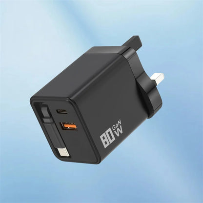 80W USB C Fast Charger with Retractable Type C Cable PD Charging for iPhone 17 16 15 Samsung Xiaomi iPad Phone Quick Charger