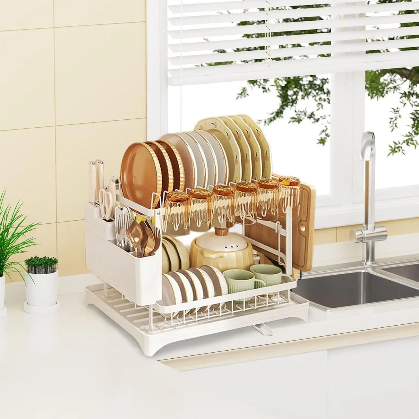 2 Tier Dish Drying Rack Kitchen Bowl Drainer Storage Rack Tableware Drain Chopsticks Knife Fork Water Cup Storage Holder 2 Tier