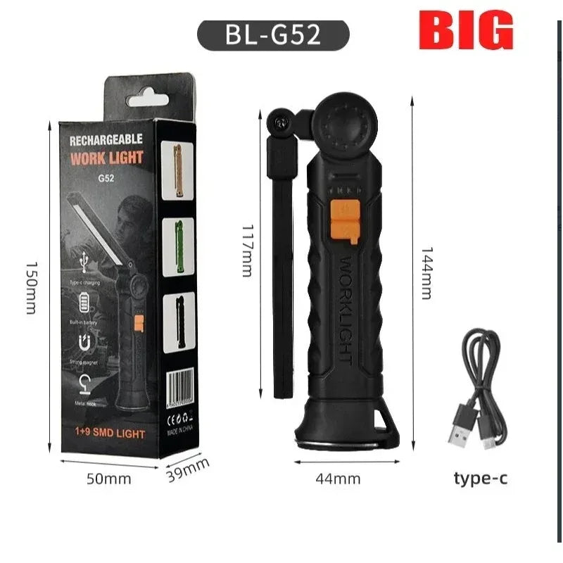 COB LED Work Light USB Rechargeable Magnetic Flashlight Super Bright Folding Lantern for Camping Emergency Car Repair with Hook