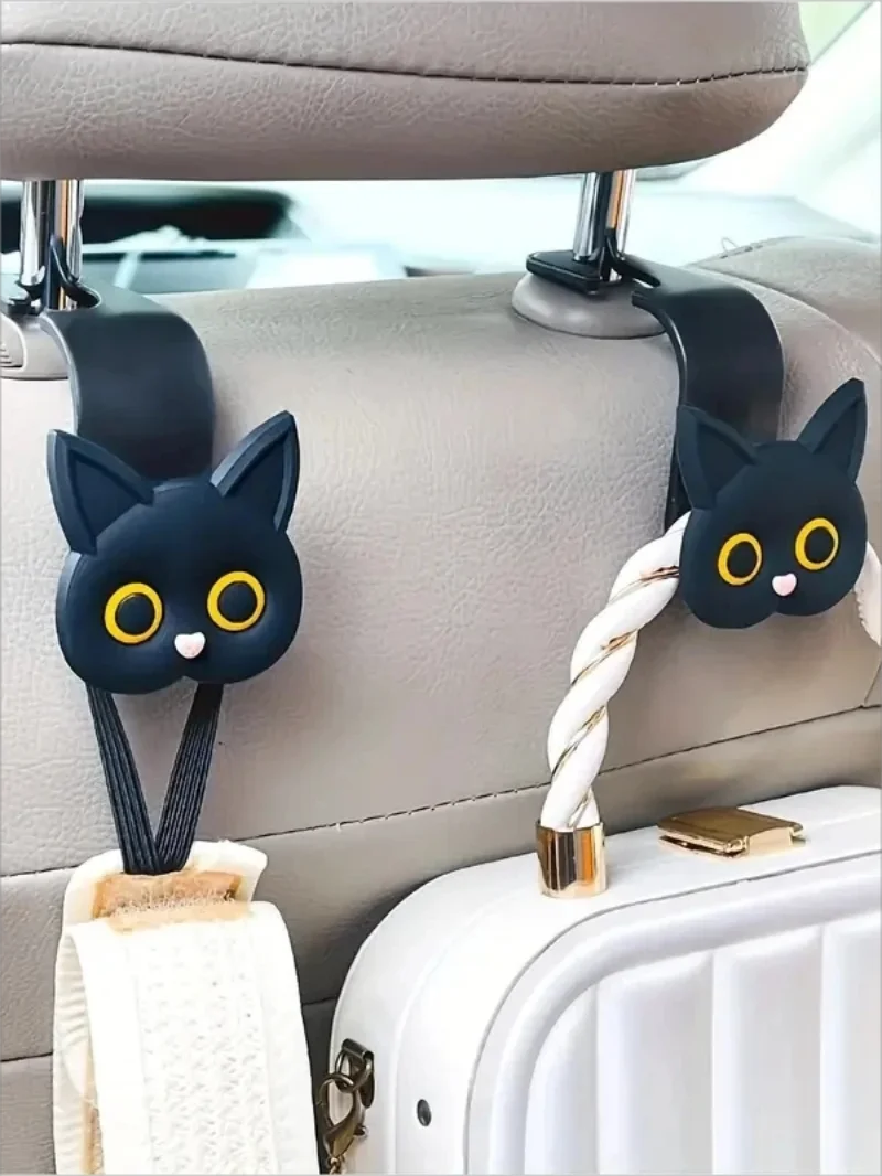 3D Cartoon Cat Car Headrest Hooks – Set of 2 for Bags and Coats