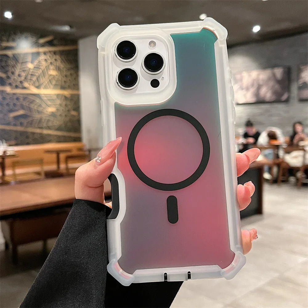 Luxury for Magsafe Laser Dazzling Armor Case For iPhone 16 Pro Max 15 Plus 14 13 Wireless Charging Dual Layer Protection Cover