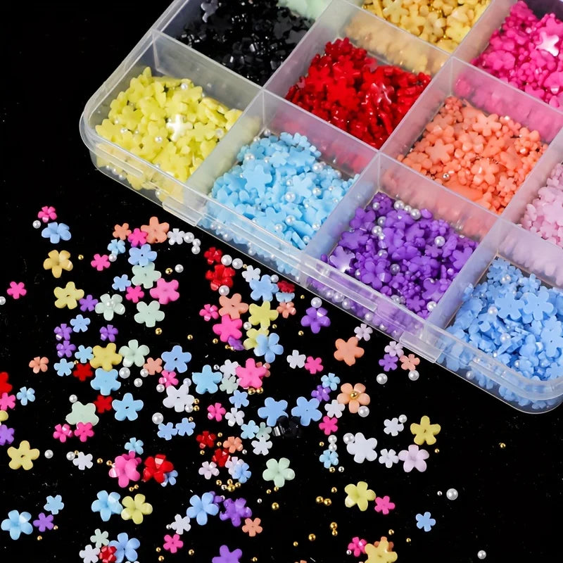 1500pcs/box Floral Nail Art Charms Set, Y2K Style High Quality Colorful Resin Flowers 3D Nail Charm