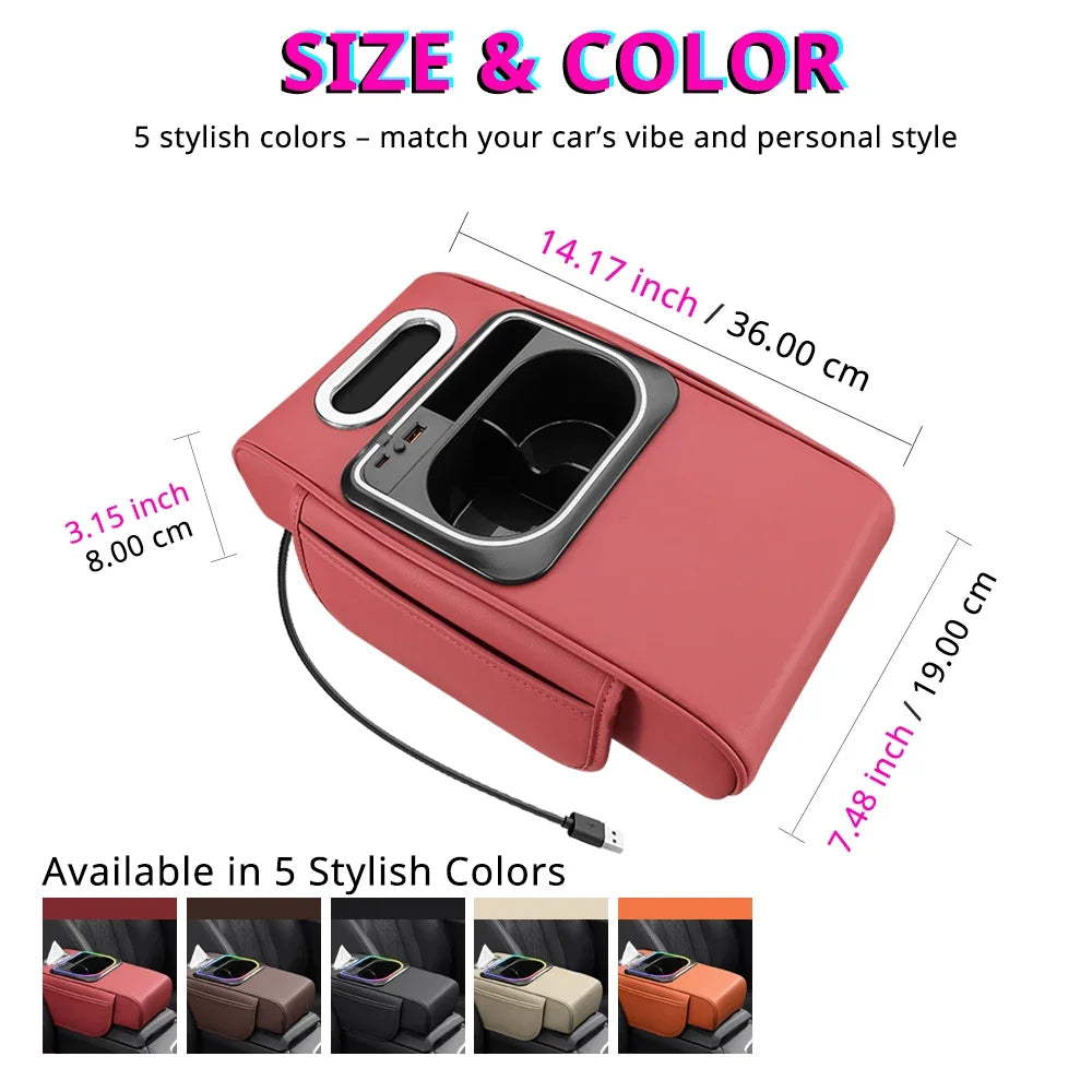 Car Armrest Cushion Center Console Storage Organizers Seat Cover Cup Holder Tissue Box Phone Slot Fast Charger Ambient LED Light