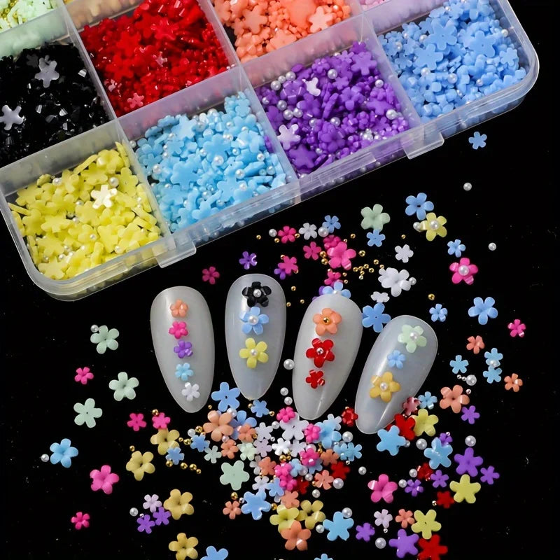 1500pcs/box Floral Nail Art Charms Set, Y2K Style High Quality Colorful Resin Flowers 3D Nail Charm
