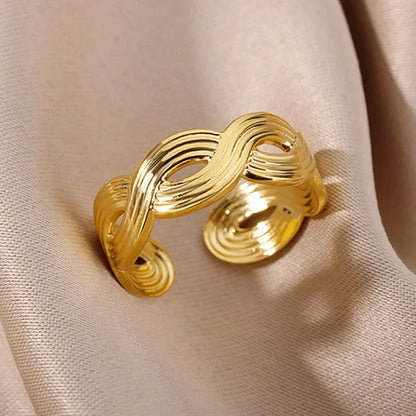 316L Stainless Steel Geometric Open Ring – Gold Color Waterproof Wedding Band