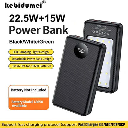KEBIDUMEI 18650 Battery Power Bank 22.5W+15W Fast Charging Box Dual USB Type C Charging Shell With Camping Light For Phone