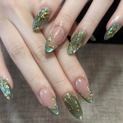 24Pcs Autumn Winter Matte Almond False Nails with Glue Rose Leaf Printing Nail Art Simple Full Cover Press on Acrylic Nails Tips
