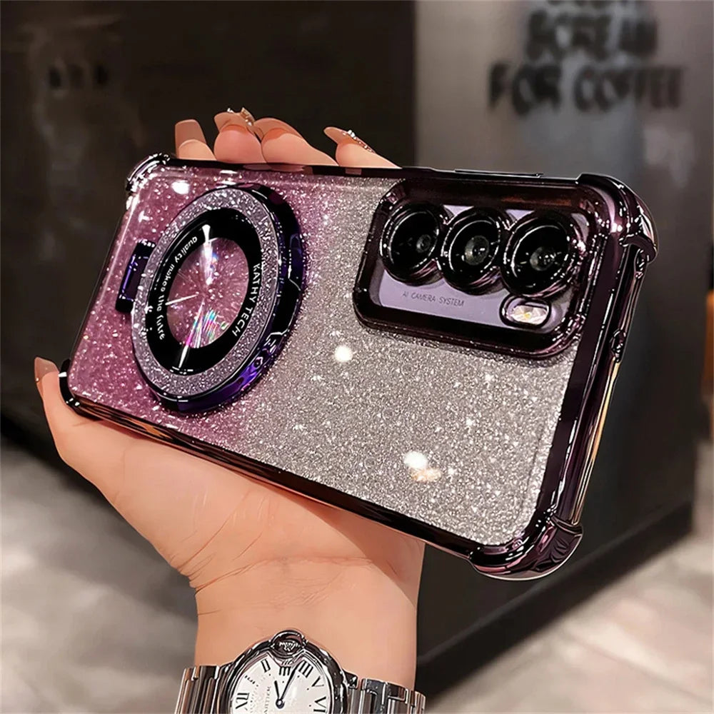 Glitter Bracket Case for Samsung Galaxy S26 Ultra S25 FE S24 S22 S23 Plus Note 20 Ultra Magnetic Stand Clear Gradient Soft Cover