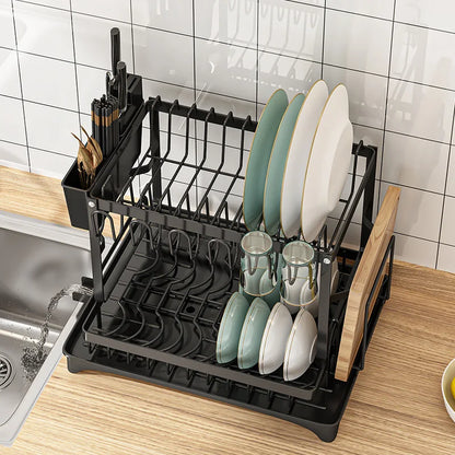 2 Tier Dish Drying Rack Kitchen Bowl Drainer Storage Rack Tableware Drain Chopsticks Knife Fork Water Cup Storage Holder 2 Tier