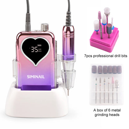 SIMINAIL Professional Nail Drill Machine 35000RPM Portable Electric Nail File Rechargeable Manicure Machine Set Efile Bit Kit