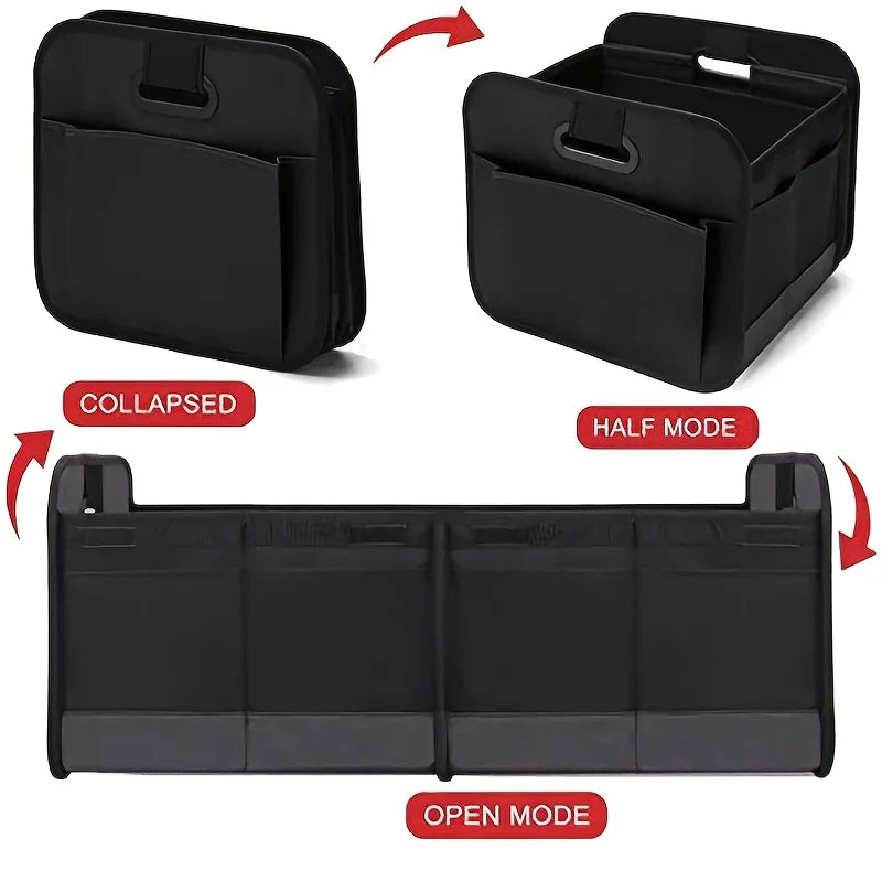Collapsible 600D Oxford Car Trunk Organizer with Reinforced Handles & Multi-Compartments. Fits All Cars, SUVs, Vans.