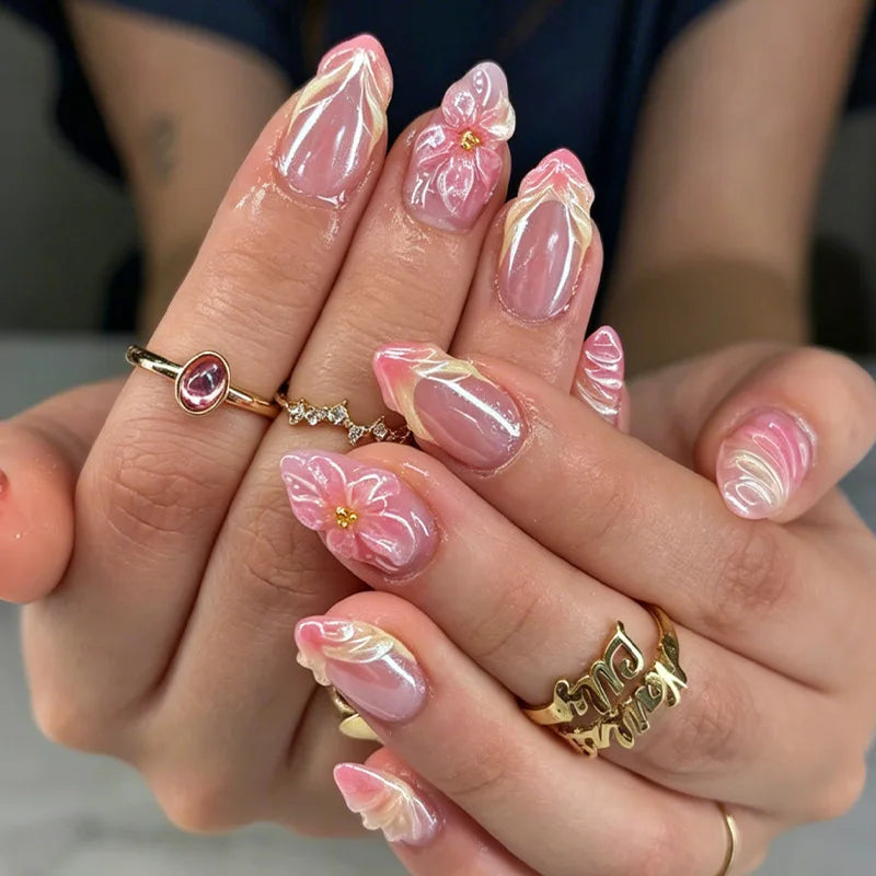 24Pcs Autumn Winter Matte Almond False Nails with Glue Rose Leaf Printing Nail Art Simple Full Cover Press on Acrylic Nails Tips