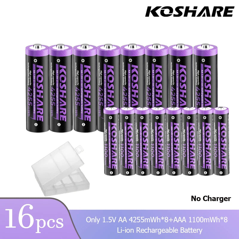 KOSHARE 1.5V AA 4255mWh AAA 1100mWh Rechargeable Lithium Battery Charger Set  With LED Indicator Arc-look Fast Charging Case