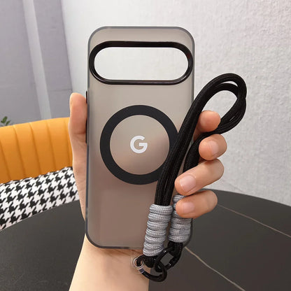 PC Magnetic Frosted Transparent Phone Case with Lanyard For Google Pixel 10 9 8 Pro XL 9a 8a For Magsafe Matte Translucent Cover