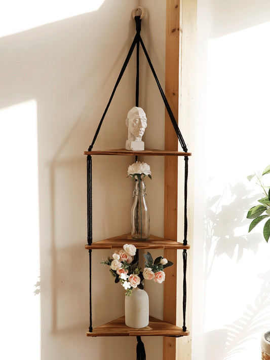 Wooden Floating Corner Shelf — Boho Wall Organizer
