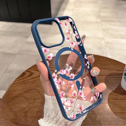 Pink Cherry Elegant Floral Background Design Magnetic Phone Case For iPhone 17 16 15 14 13 12 Pro Max 11 16 Plus 16E 17Air Cover