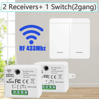 433MHz Wireless Smart Switch 1/2/3 Gang 86 Wall Panel Remote Control Light Switch 10A 110V 220V Home Bedroom Staircase LED Lamp