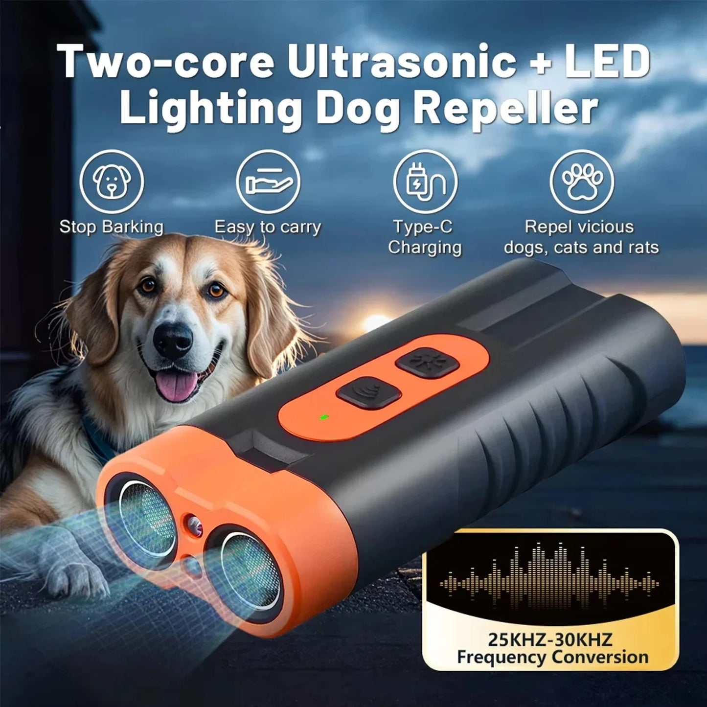Dual Head Ultrasonic Dog Repeller & Trainer with LED Flashlight