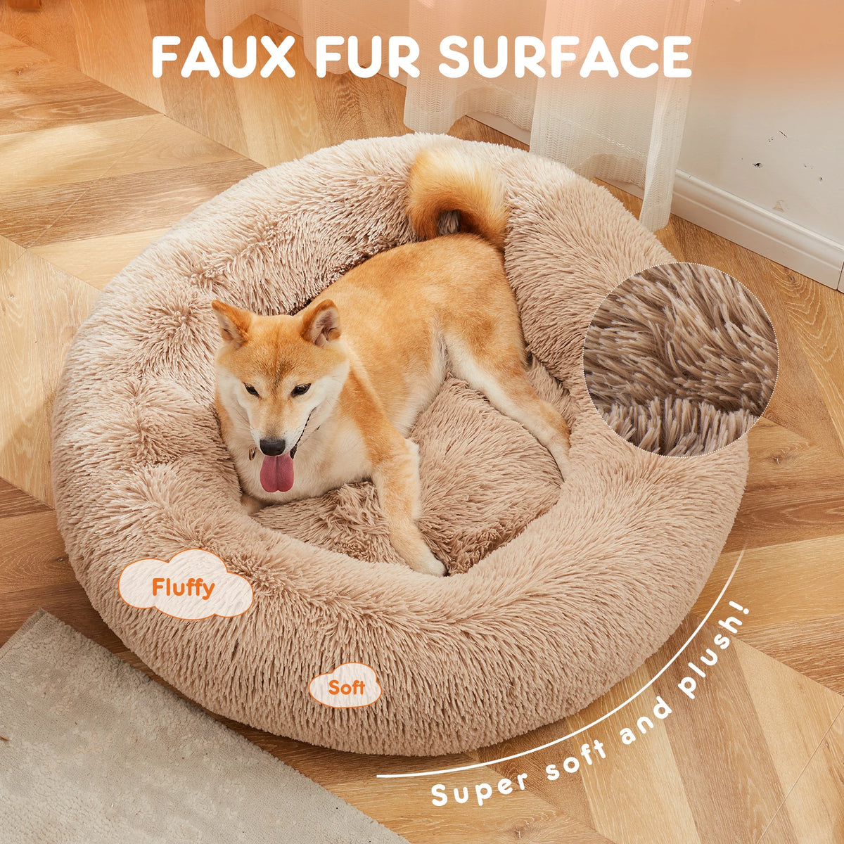 JHK Calming Dog Bed for Medium to Large Dogs Washable Large Pet Bed Anti-Slip Round Fluffy Plush Faux Fur Dog Bed