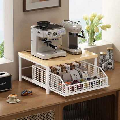 Metal and Wood Microwave Rack with Pull Out Drawer Multi Layer Countertop Kitchen Organizer for Coffee Maker Utensils and Tea