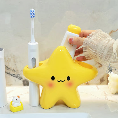Cute Star-Shaped Toothbrush Holder  Freestanding Bathroom Organizer with Cute Face Design, Space-Saving Toothbrush & Toothpaste