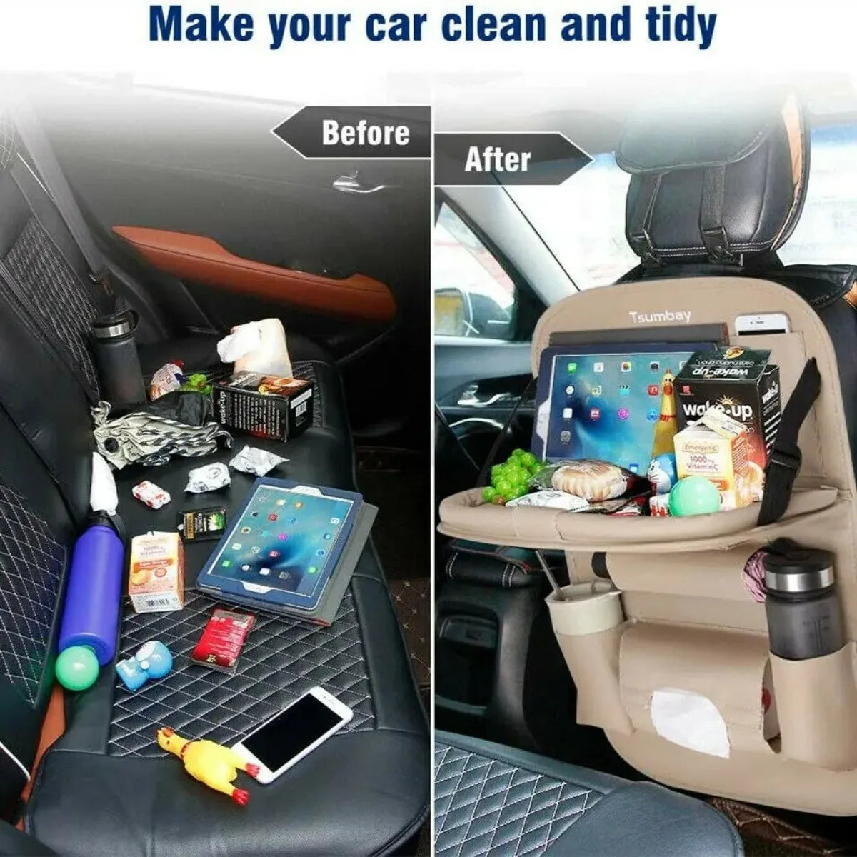 Car Back Seat Storage Holder Multi-Pocket Waterproof Organizer Large Capacit with Foldable Tray Cup/Tissue Holder Storage Pocket