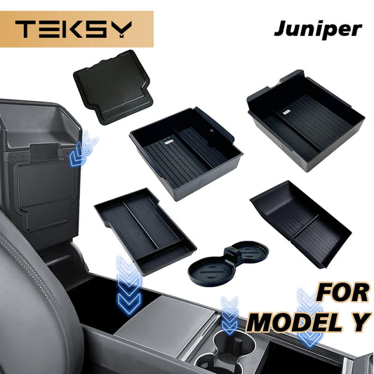 TEKSY 1/2/3/4/6/7/8pcs For Tesla New Model Y 2025 2026 Juniper ABS with Silicone Non-slip Mat Console & Armrest Storage Box