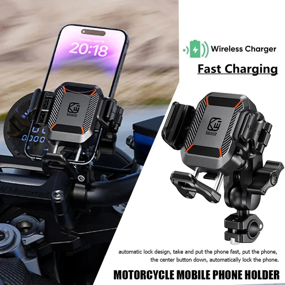Shockproof Motorcycle Phone Holder 15W Wireless Charger & 36W USB C Fast Charging Motorbike Bicycle Bike Scooter Phone Stand