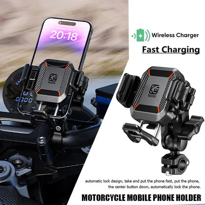 Shockproof Motorcycle Phone Holder 15W Wireless Charger & 36W USB C Fast Charging Motorbike Bicycle Bike Scooter Phone Stand
