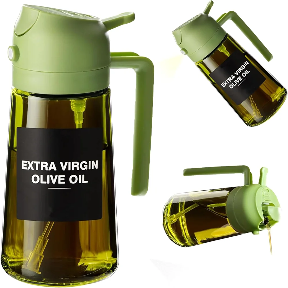 470 ML Oil Sprayer for Cooking, 2-in-1 Olive Oil Dispenser and Oil Bottle with Stickers, Thick Glass Spray Bottle