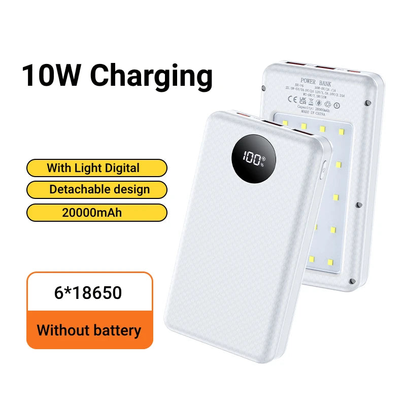 Dual USB Type C Power Bank Shell 5V DIY Shell 18650 Holder Cases Detachable Battery Charge Storage Box With Camping Lights