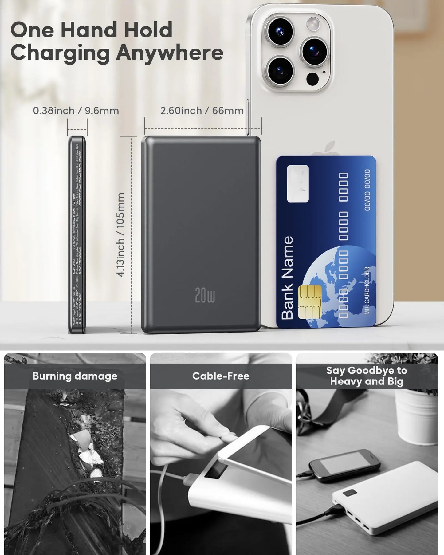 5000mAh Magnetic Power Bank, Wireless & 20W Fast Charger, for iPhone, Samsung (Type-C), Travel Portable Phone Battery Pack.