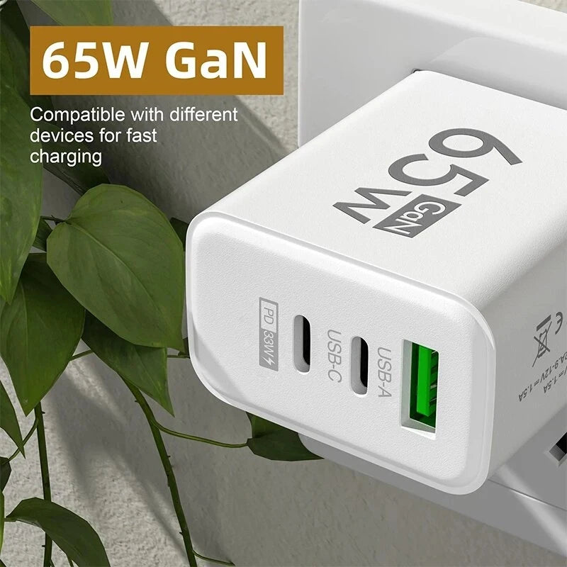 GaN 65W Fast Charging USB Type-C Charger US EU Plug USB PD Quick Charge 3.0 Travel Wall Phone Charger Adapter For iPhone Samsung