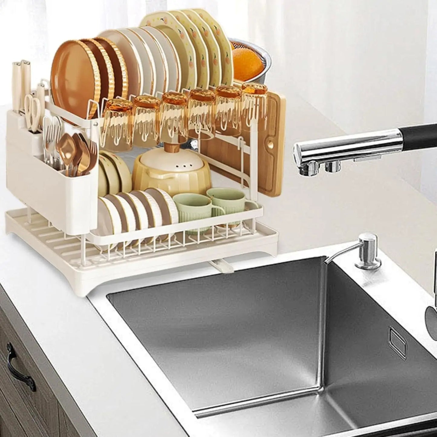 2 Tier Dish Drying Rack Kitchen Bowl Drainer Storage Rack Tableware Drain Chopsticks Knife Fork Water Cup Storage Holder 2 Tier