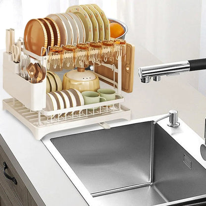 2 Tier Dish Drying Rack Kitchen Bowl Drainer Storage Rack Tableware Drain Chopsticks Knife Fork Water Cup Storage Holder 2 Tier