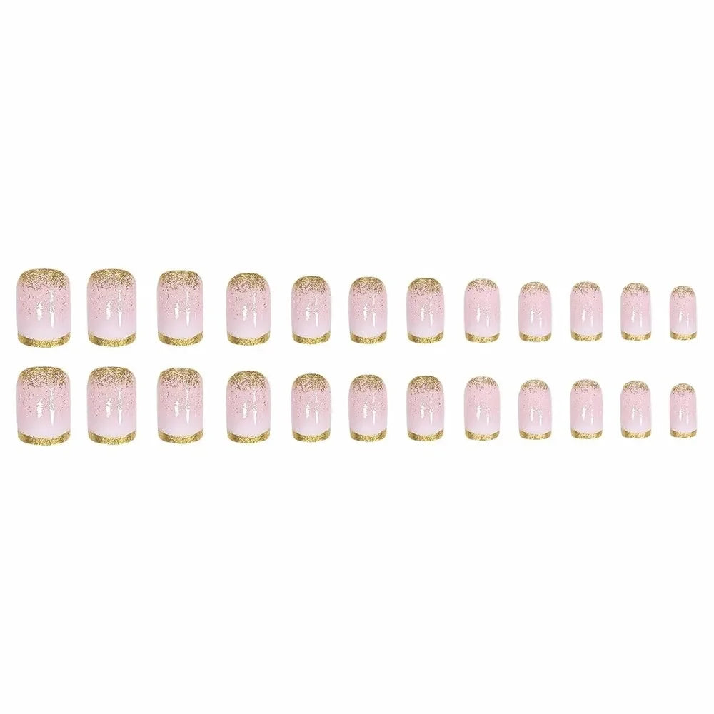 24Pcs Short Square Ombre Gradient Press On Nails Gold Glitter Acrylic Design Self Adhesive Reusable False Nails Daily Party Manicure Supply