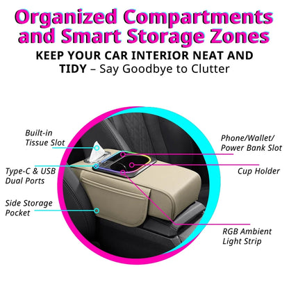 Car Armrest Cushion Center Console Storage Organizers Seat Cover Cup Holder Tissue Box Phone Slot Fast Charger Ambient LED Light