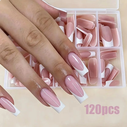 10pcs Handmade Reusable Full Cover Nail Stickers - Square Medium Length French Pointed Pink And White Glossy Press-On Nails