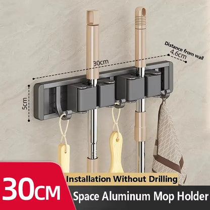 Wall Mounted Mop & Broom Organizer Rack with 5 Hooks Strong Mop Holder Self Adhesive for Kitchen Bathroom Cleaning Tools Storage