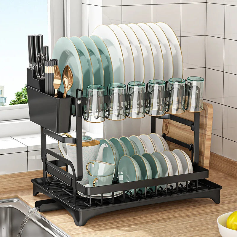 2 Tier Dish Drying Rack Kitchen Bowl Drainer Storage Rack Tableware Drain Chopsticks Knife Fork Water Cup Storage Holder 2 Tier