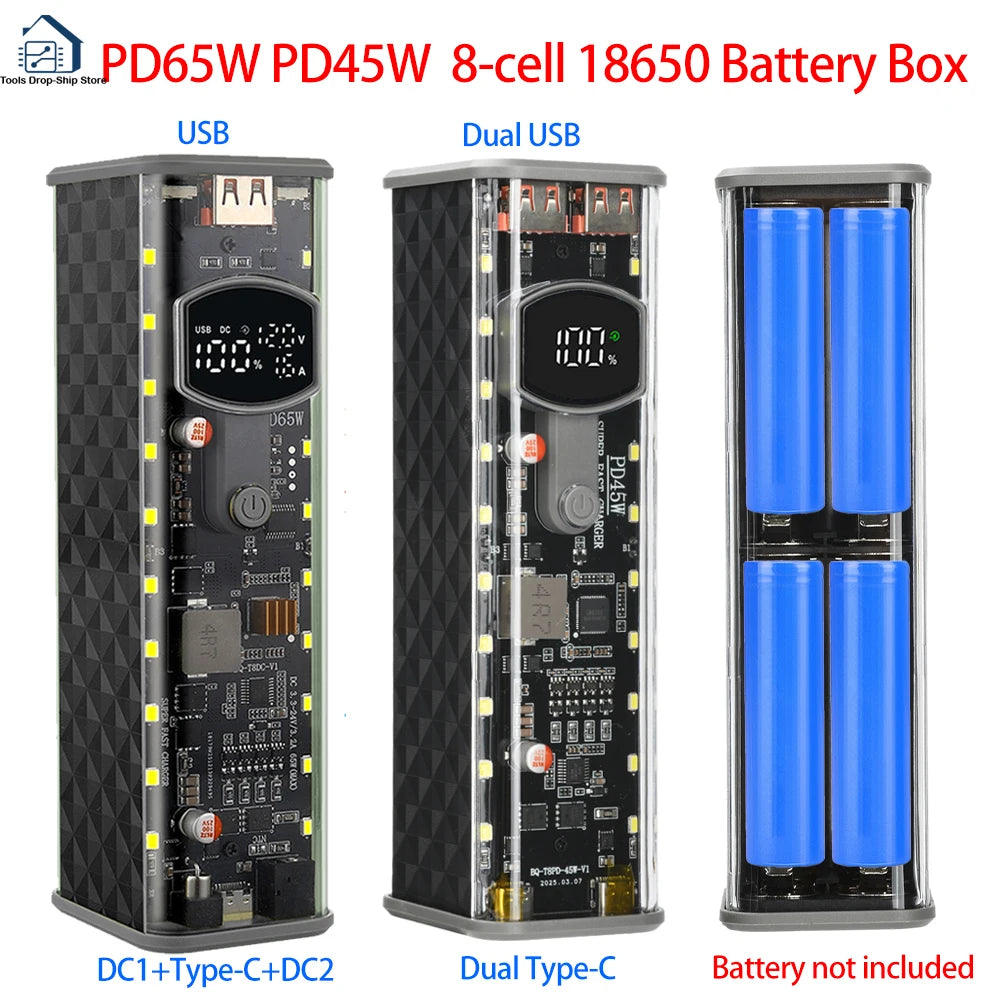 PD65W PD45W Power Bank Case Kit 8*18650 Power Bank Battery Storage Box Fast Charging Battery Holder with LED Light USB+Type-C