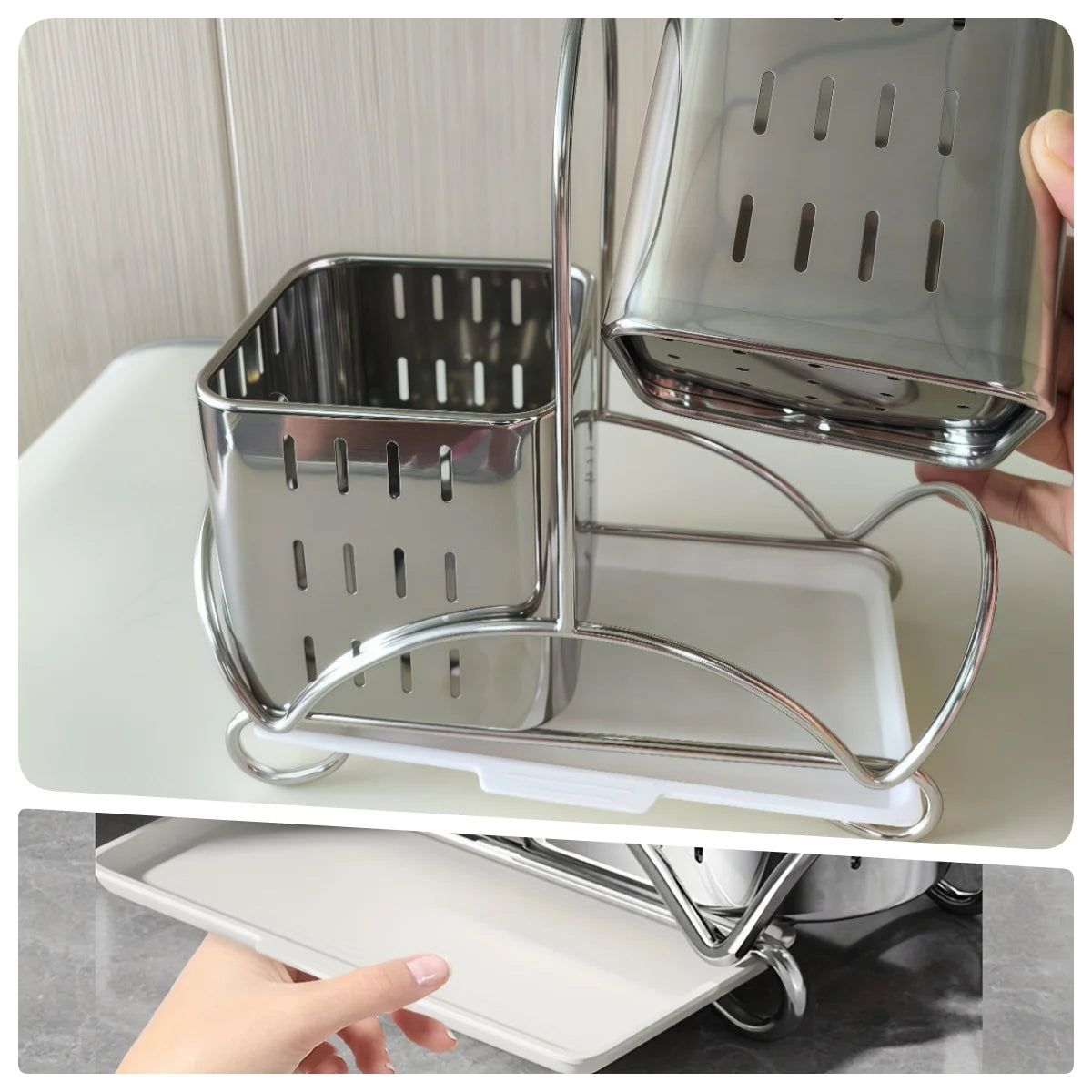 Kitchen Cutlery Organiser, Stainless Steel Utensil Holder for Spoon Fork Knife, Multifunctional Desktop Tableware Storage Rack