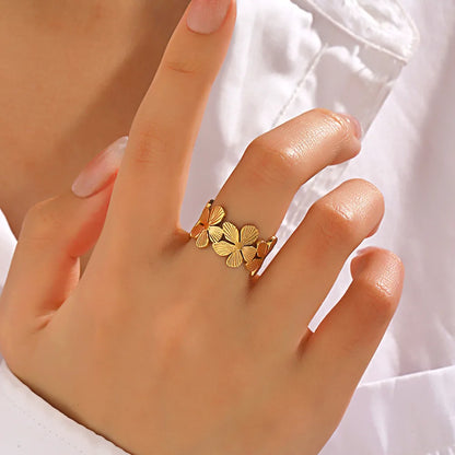 Stainless Steel Flower Adjustable Ring – 18K Gold PVD Plated Waterproof