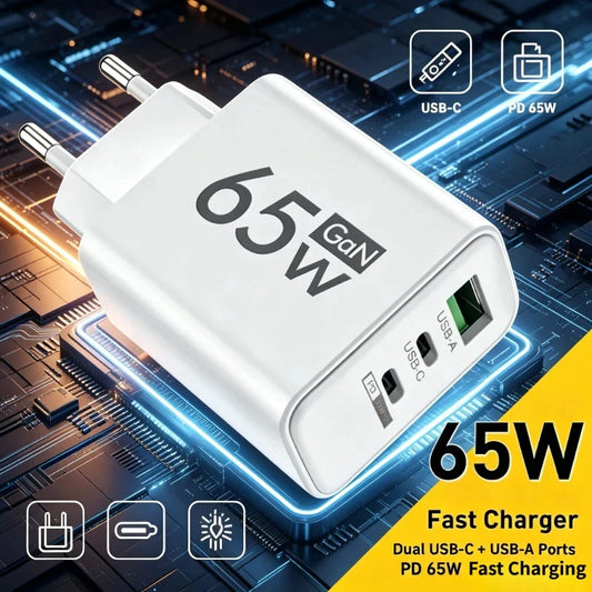 GaN 65W Fast Charging USB Type-C Charger US EU Plug USB PD Quick Charge 3.0 Travel Wall Phone Charger Adapter For iPhone Samsung