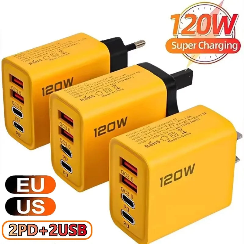 Total 120W USB Type C Charger 4 Port Fast Charging USB Phone Charger Adapter For iPhone Samsung Xiaomi Quick Charge Wall Charger